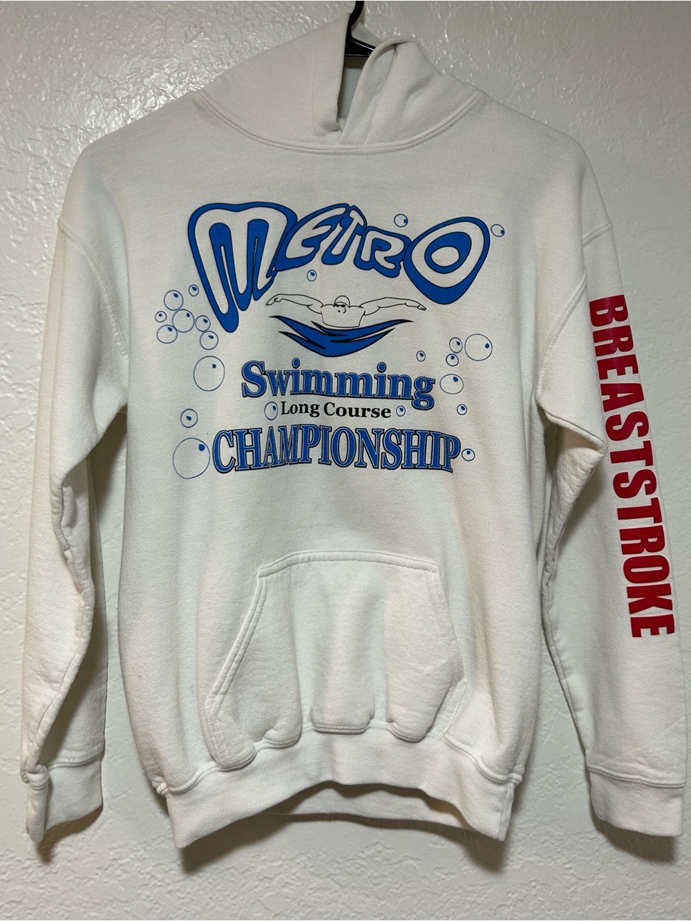 Gildan White Hoodie with Blue Championship Graphics and Red Sleeve Text